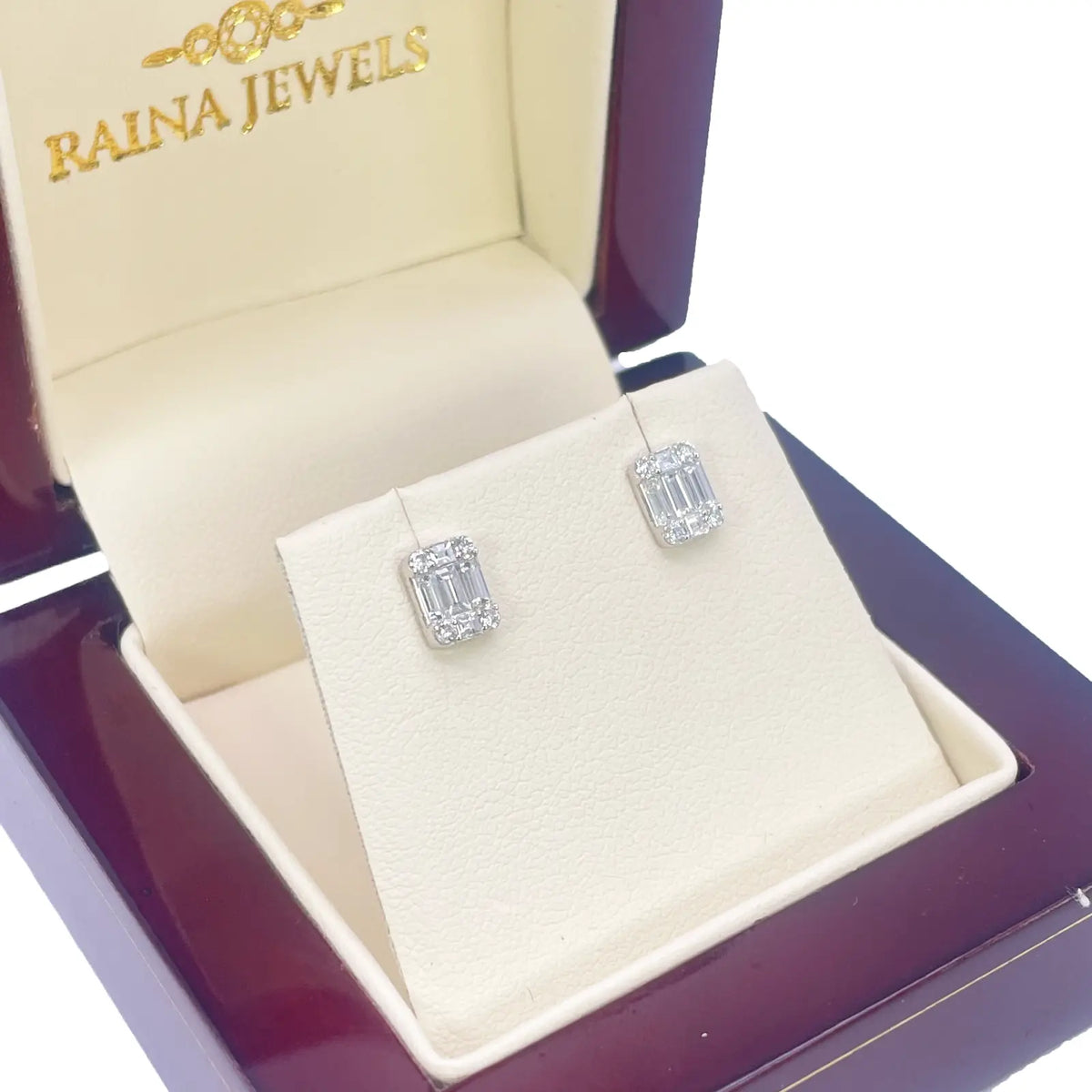 14ct White Gold Natural Diamond Round & Baguette Square Stud Earrings 0.46ct  Diamond earring