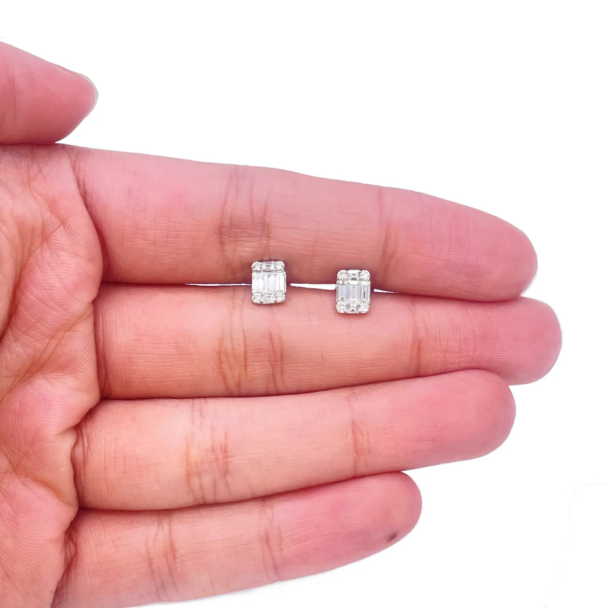 14ct White Gold Natural Diamond Round & Baguette Square Stud Earrings 0.46ct  Diamond earring
