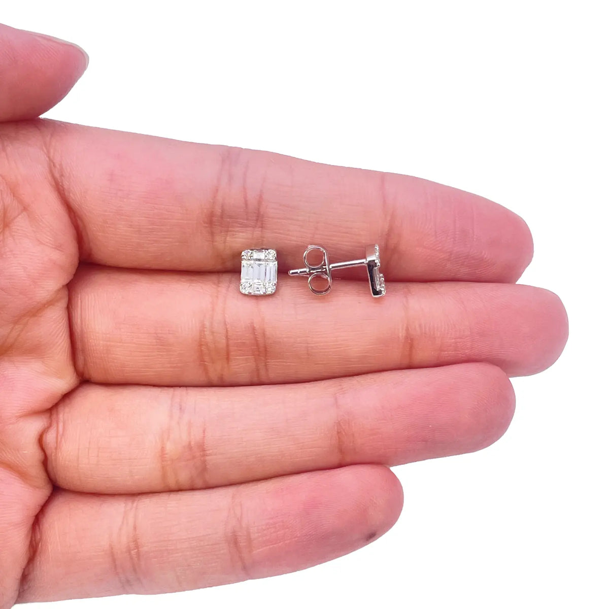14ct White Gold Natural Diamond Round & Baguette Square Stud Earrings 0.46ct  Diamond earring