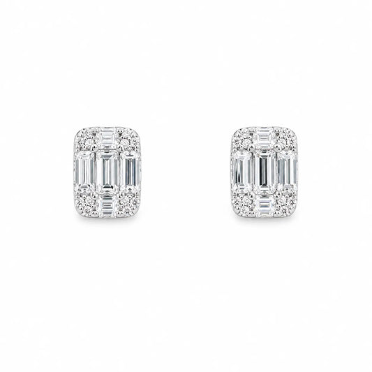 14ct White Gold Natural Diamond Round & Baguette Square Stud Earrings 0.46ct  Diamond earring