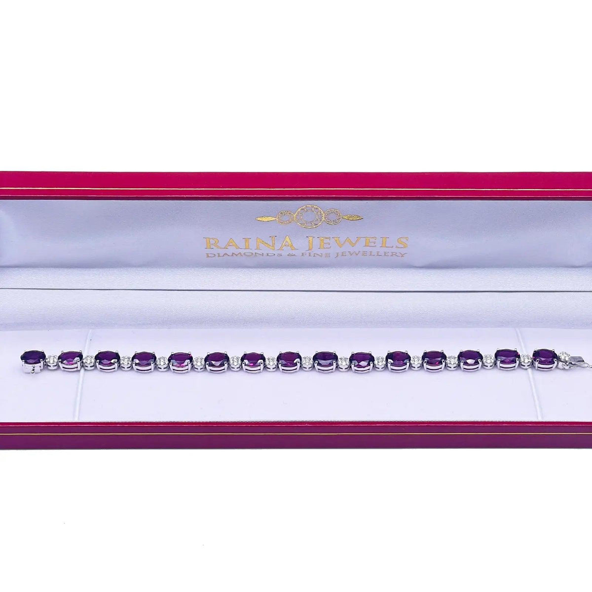 14ct White Gold Natural Diamond & Purple Rhodolite Garnet Oval Cluster Bracelet¬† Diamond Bracelets