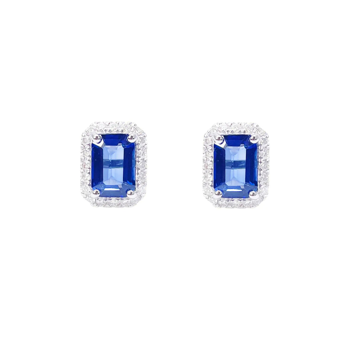 14ct White Gold Natural Emerald Cut Sapphire Round Diamond Stud Earrings 2.40ct  Diamond earring