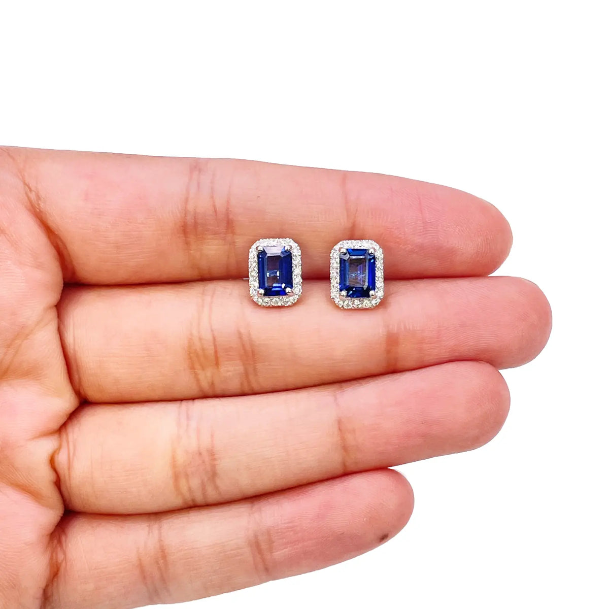 14ct White Gold Natural Emerald Cut Sapphire Round Diamond Stud Earrings 2.40ct  Diamond earring