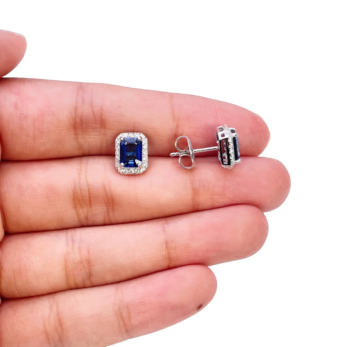 14ct White Gold Natural Emerald Cut Sapphire Round Diamond Stud Earrings 2.40ct  Diamond earring
