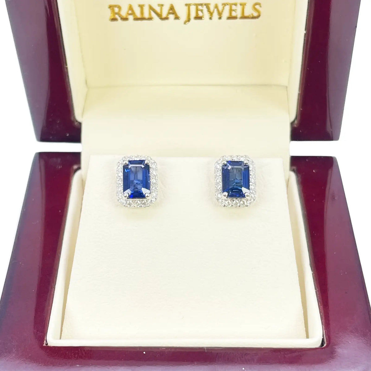 14ct White Gold Natural Emerald Cut Sapphire Round Diamond Stud Earrings 2.40ct  Diamond earring