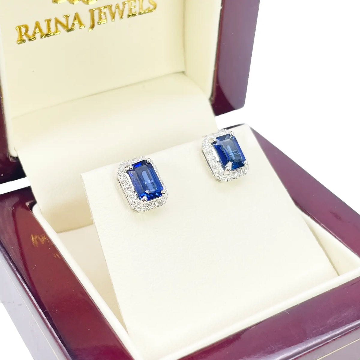 14ct White Gold Natural Emerald Cut Sapphire Round Diamond Stud Earrings 2.40ct  Diamond earring