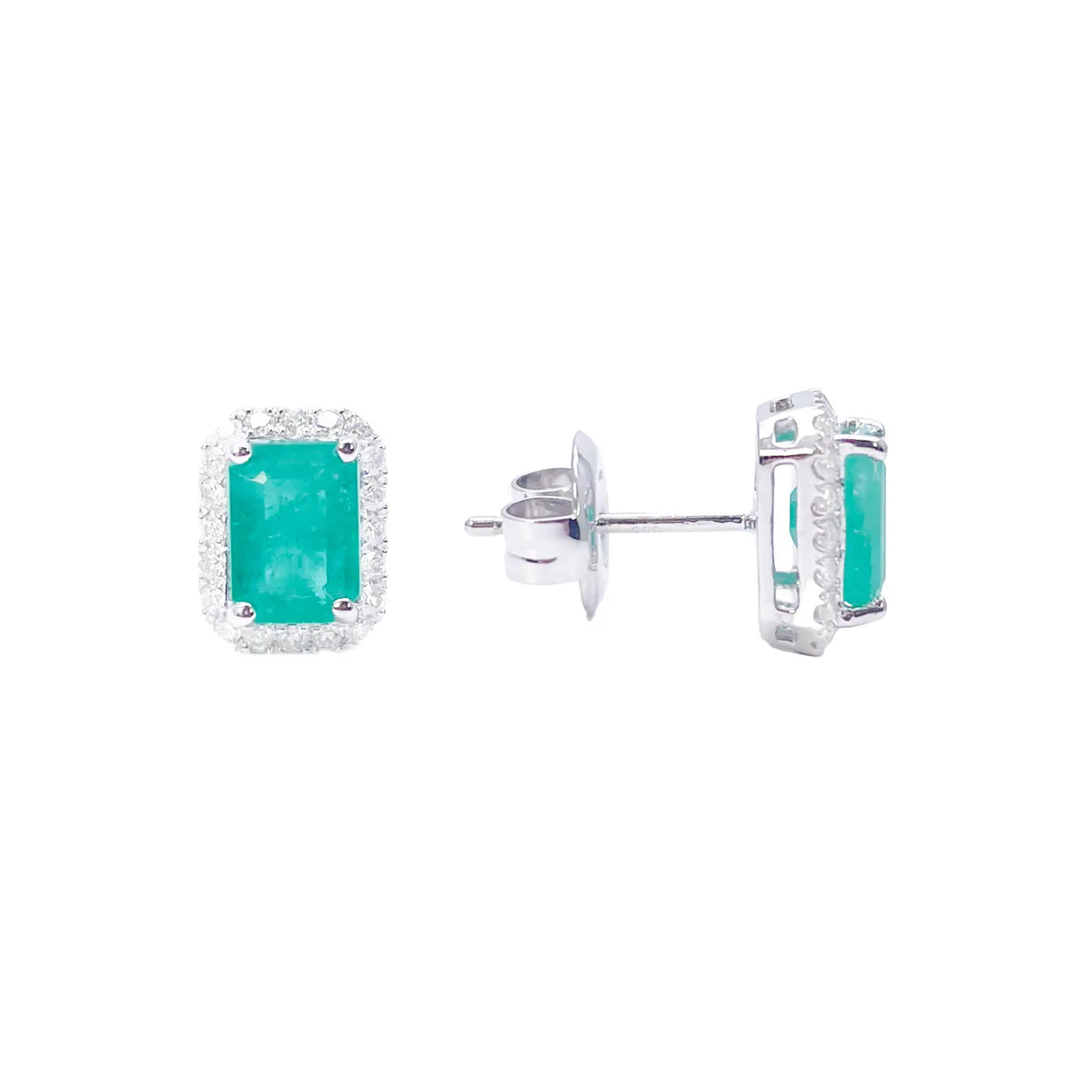 14ct White Gold Natural Emerald & Round Diamond Rectangle Stud Earrings 2.20ct  Diamond earring