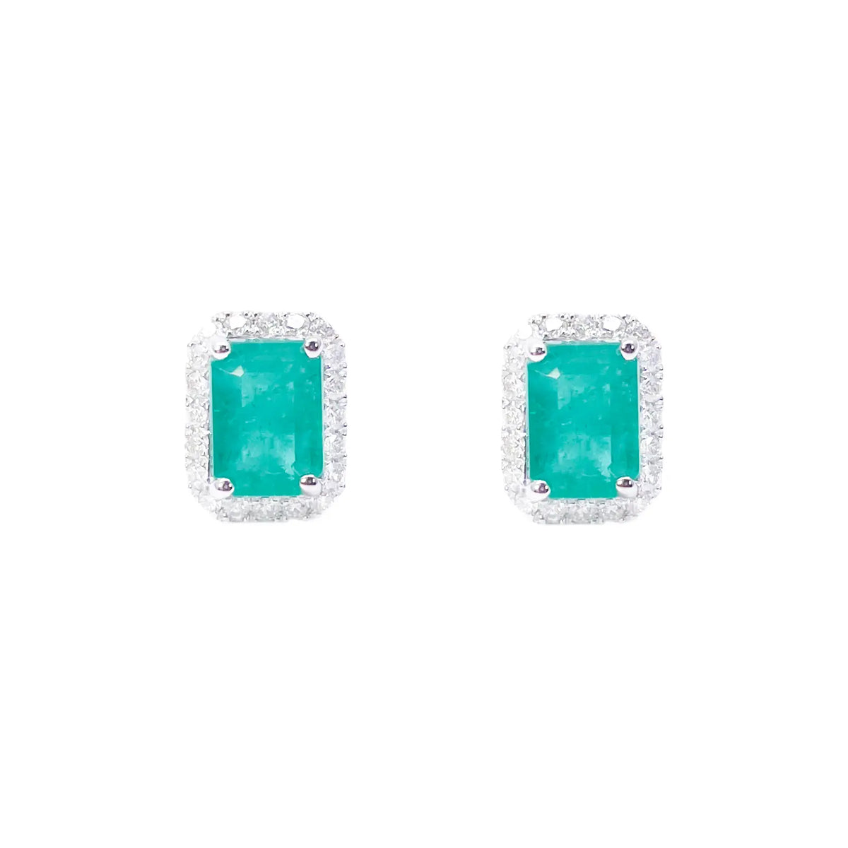 14ct White Gold Natural Emerald & Round Diamond Rectangle Stud Earrings 2.20ct  Diamond earring