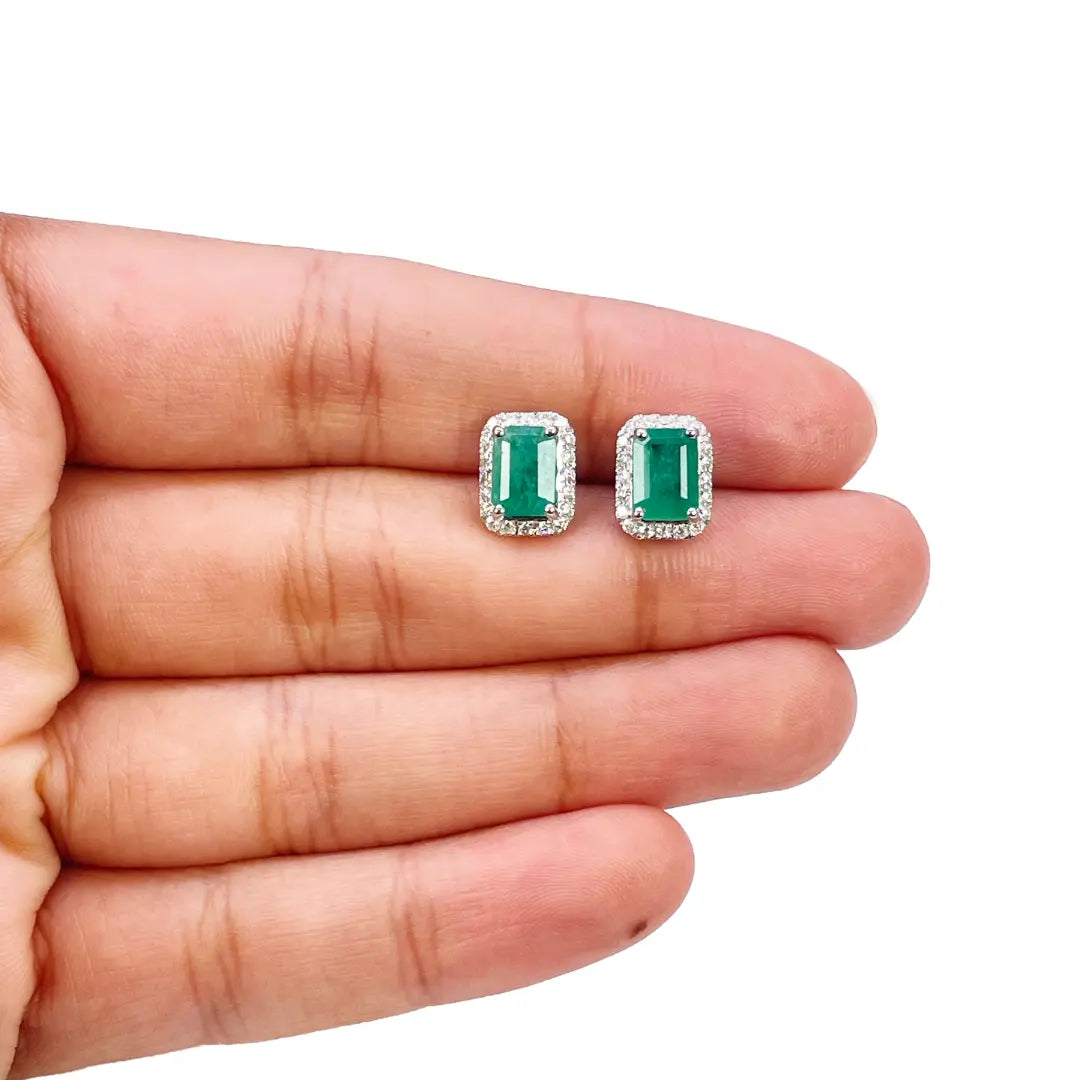 14ct White Gold Natural Emerald & Round Diamond Rectangle Stud Earrings 2.20ct  Diamond earring
