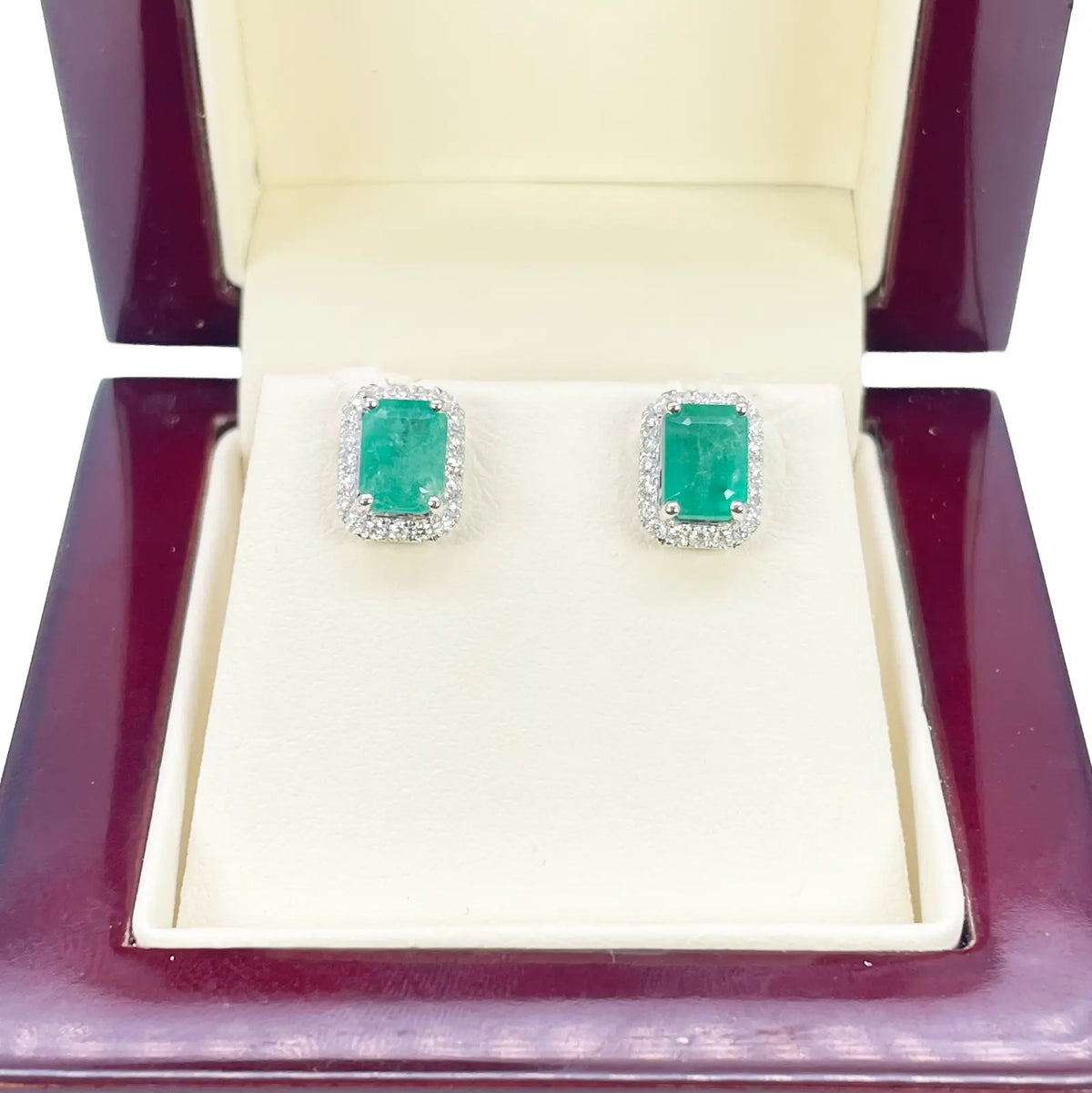 14ct White Gold Natural Emerald & Round Diamond Rectangle Stud Earrings 2.20ct  Diamond earring