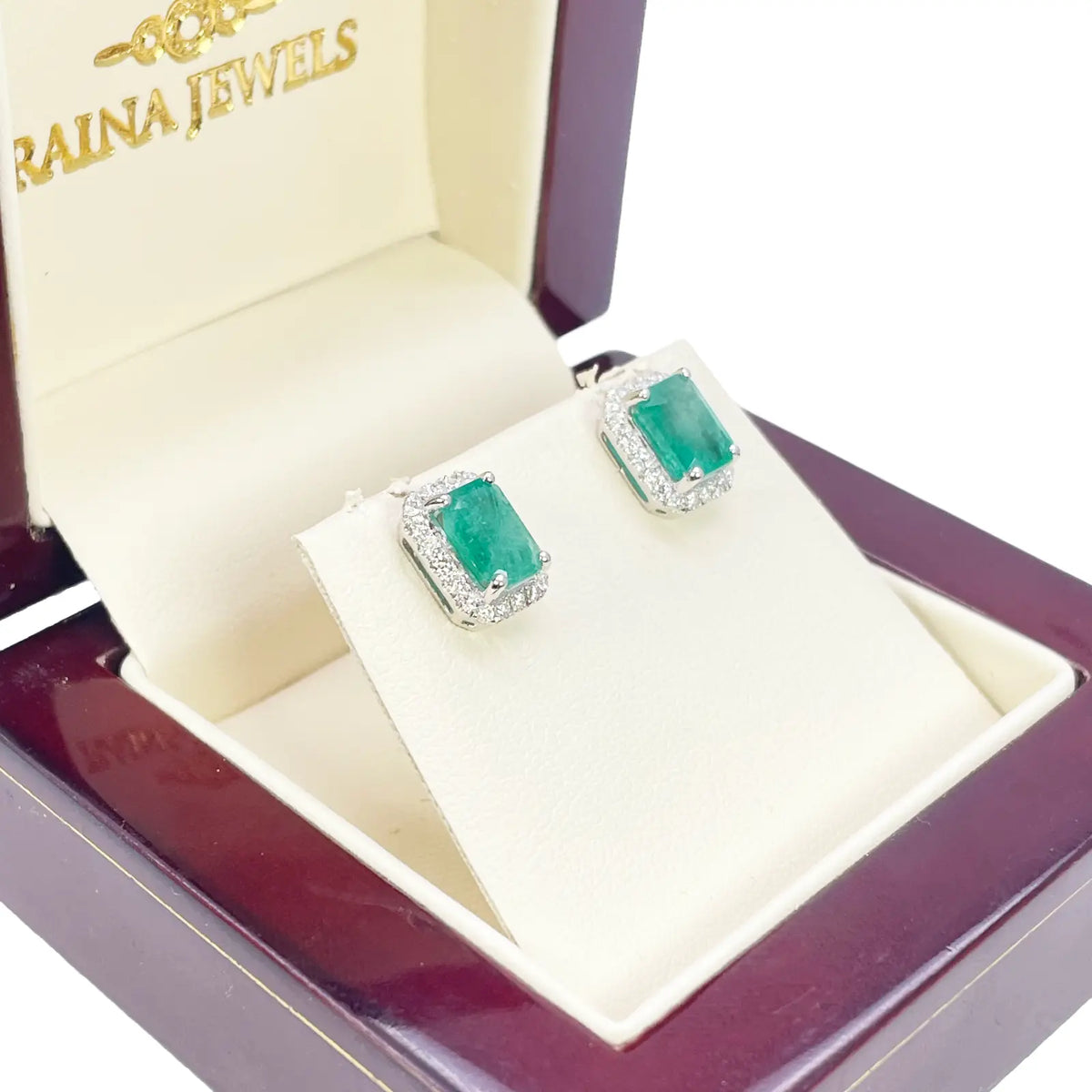 14ct White Gold Natural Emerald & Round Diamond Rectangle Stud Earrings 2.20ct  Diamond earring