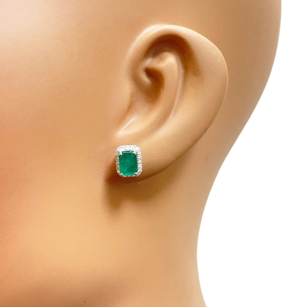 14ct White Gold Natural Emerald & Round Diamond Rectangle Stud Earrings 2.20ct  Diamond earring