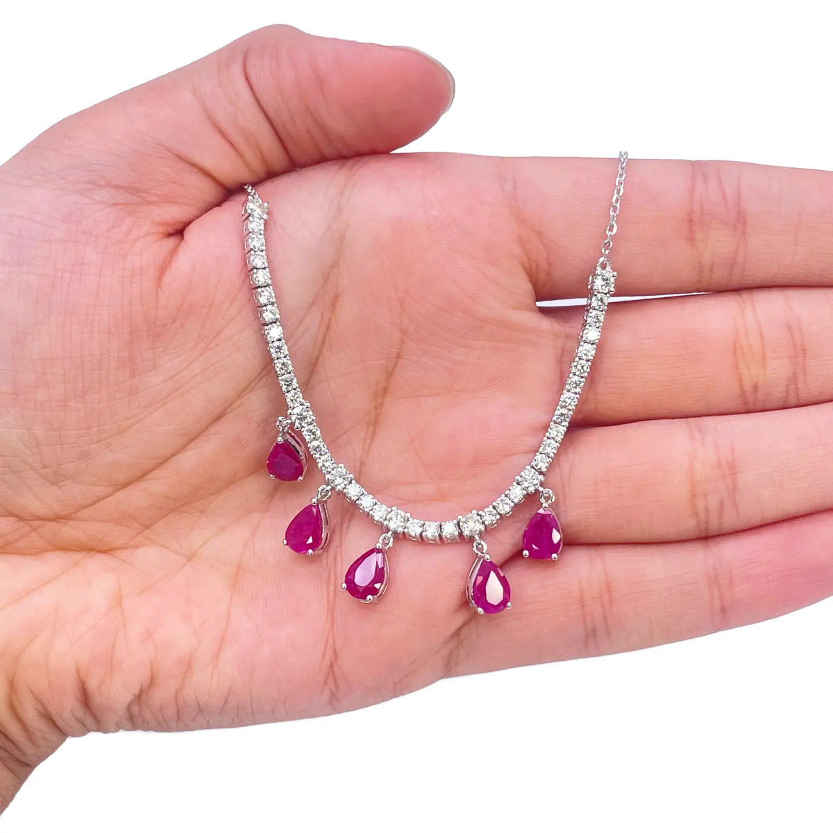 14ct White Gold Natural Round Diamond & Pear Ruby Chain Necklace 17 inches 5.91ct 