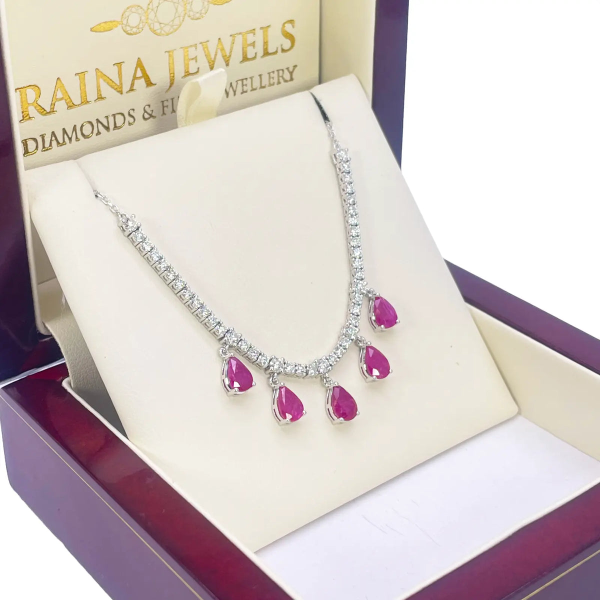 14ct White Gold Natural Round Diamond & Pear Ruby Chain Necklace 17 inches 5.91ct 