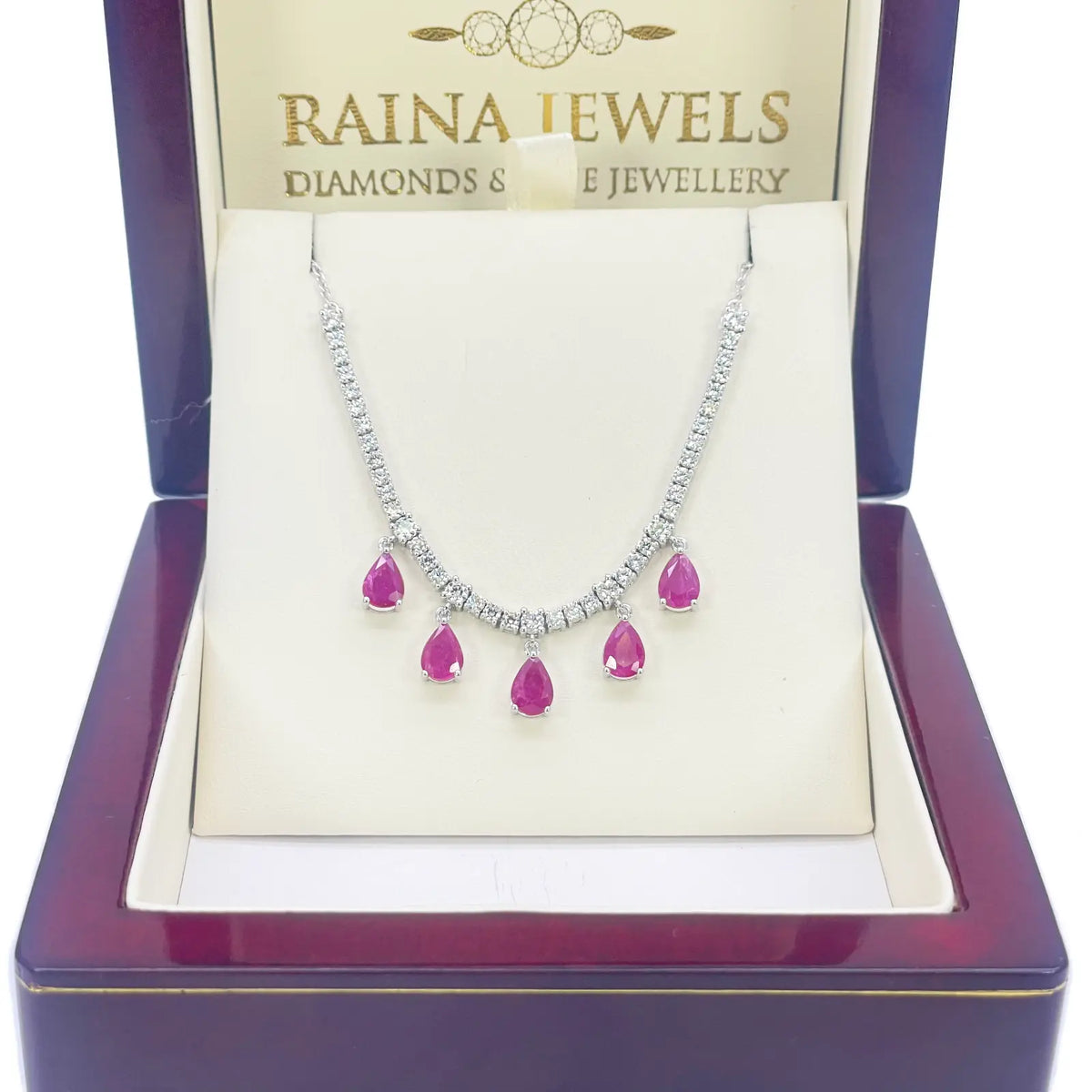 14ct White Gold Natural Round Diamond & Pear Ruby Chain Necklace 17 inches 5.91ct 