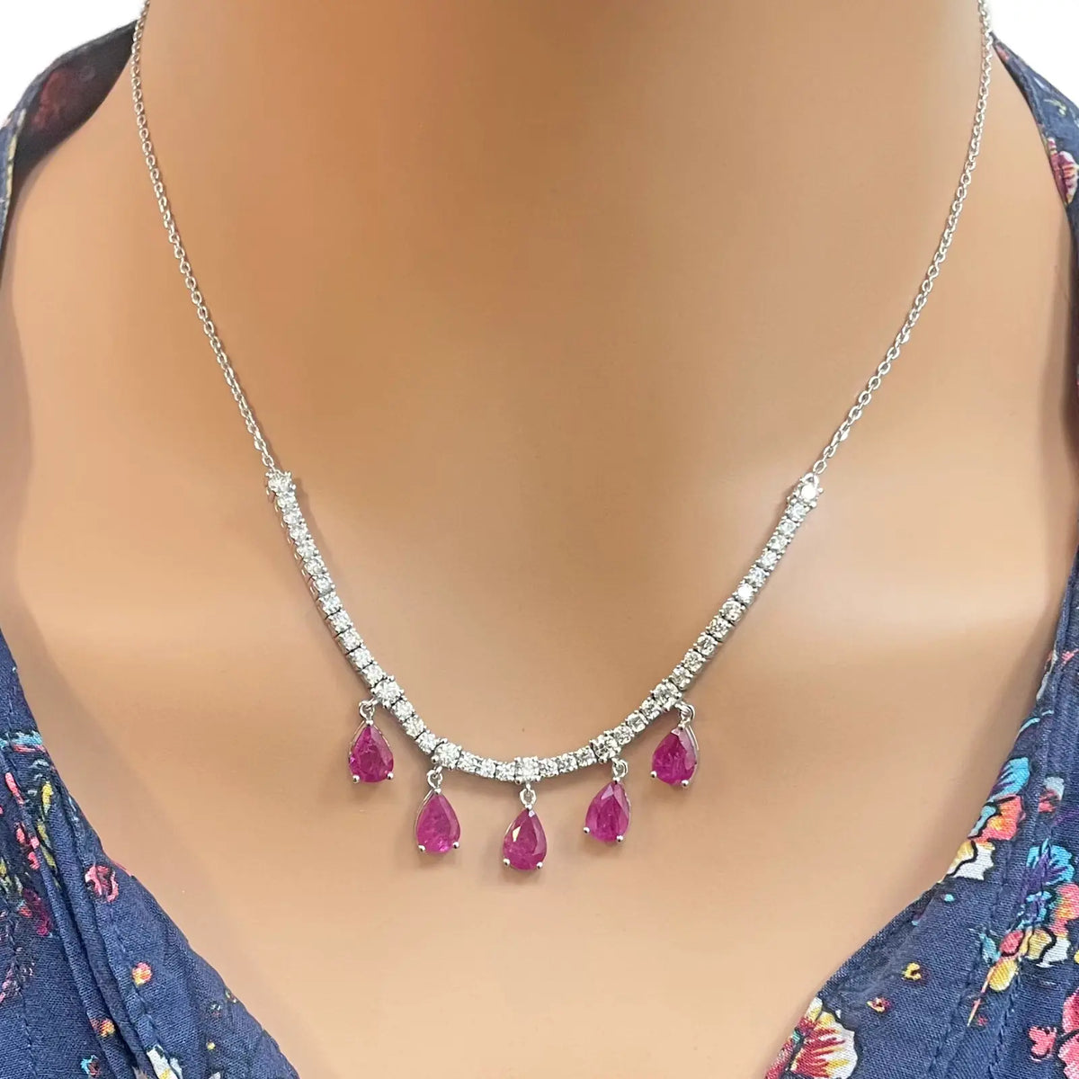 14ct White Gold Natural Round Diamond & Pear Ruby Chain Necklace 17 inches 5.91ct 