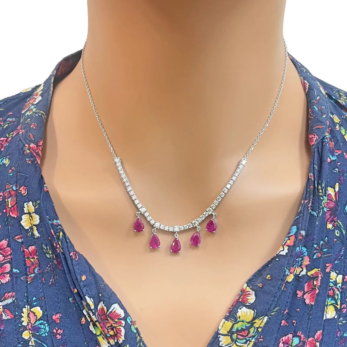 14ct White Gold Natural Round Diamond & Pear Ruby Chain Necklace 17 inches 5.91ct 