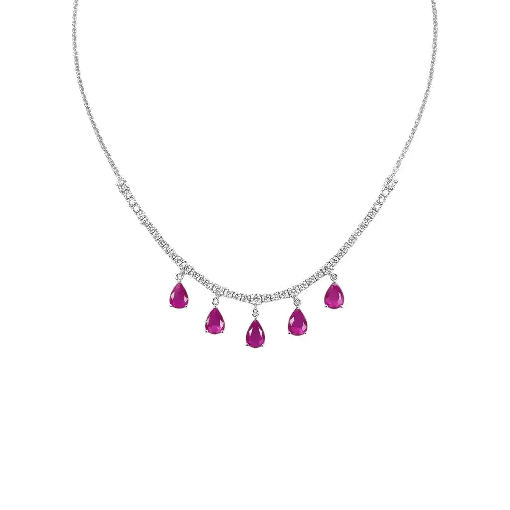 14ct White Gold Natural Round Diamond & Pear Ruby Chain Necklace 17 inches 5.91ct  Diamond Necklace