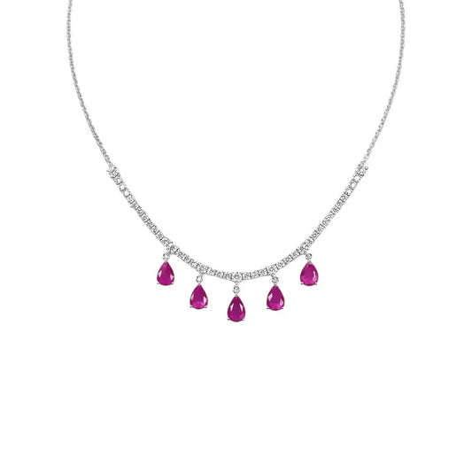 14ct White Gold Natural Round Diamond & Pear Ruby Chain Necklace 17 inches 5.91ct  Diamond Necklace