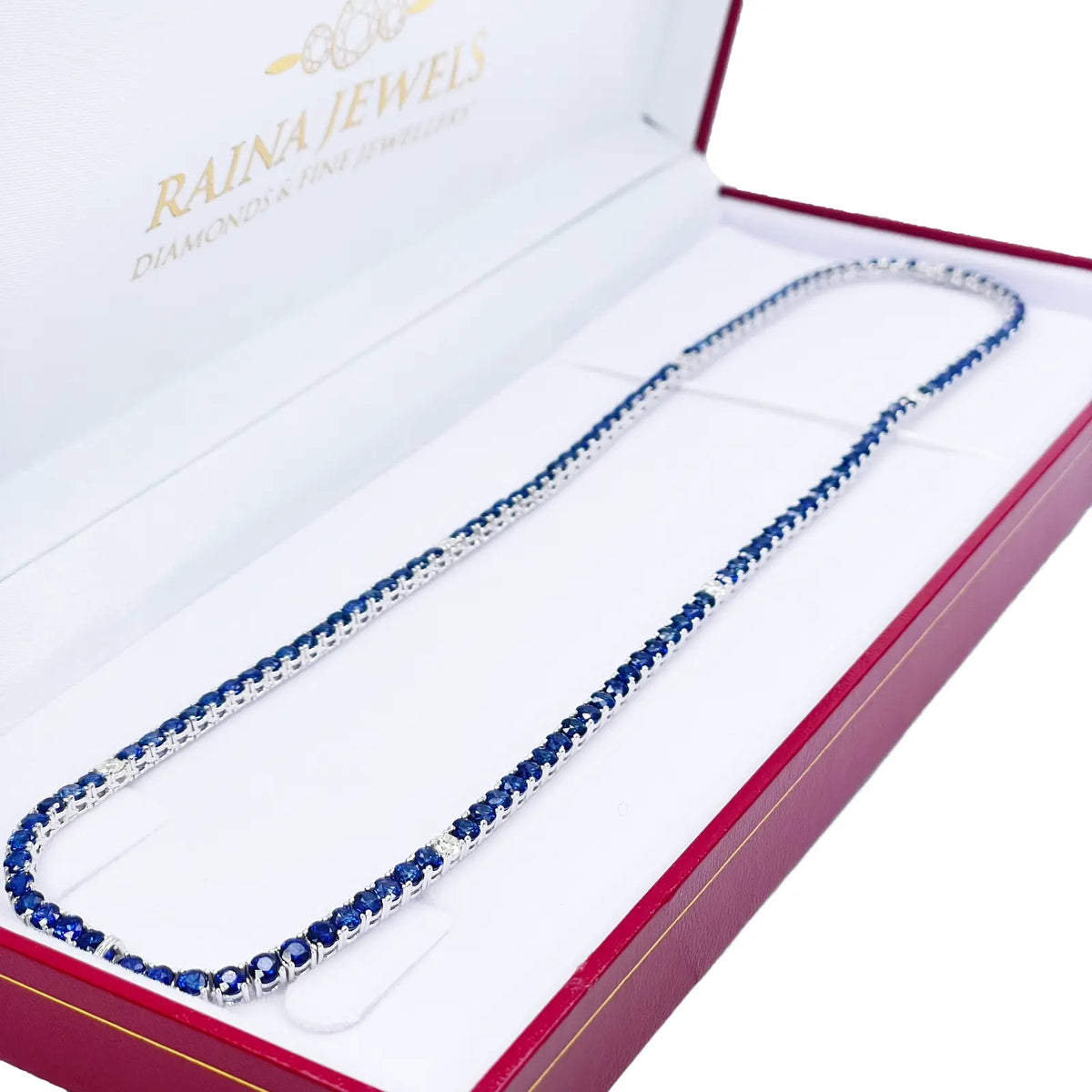 14ct White Gold Natural Sapphire & Diamond Tennis Necklace 21.2ct 18''inches 