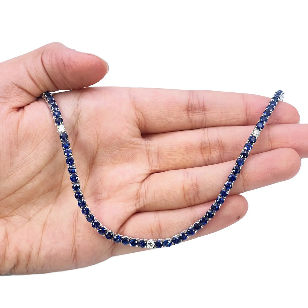 14ct White Gold Natural Sapphire & Diamond Tennis Necklace 21.2ct 18''inches 