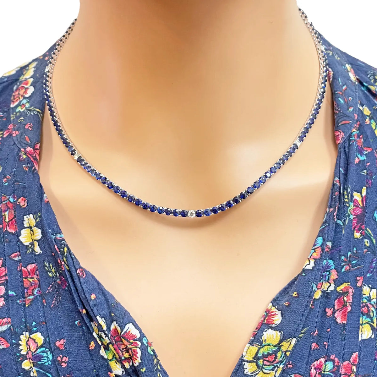 14ct White Gold Natural Sapphire & Diamond Tennis Necklace 21.2ct 18''inches 