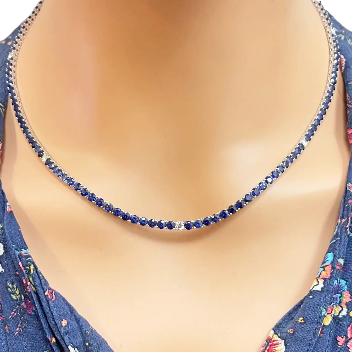 14ct White Gold Natural Sapphire & Diamond Tennis Necklace 21.2ct 18''inches 