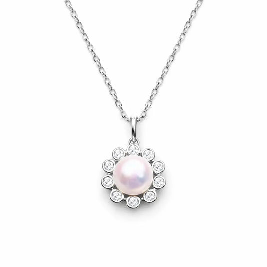 14ct White Gold Pearl & Round Diamond Framed Pendant Necklace 2.37ct  Diamond Necklace