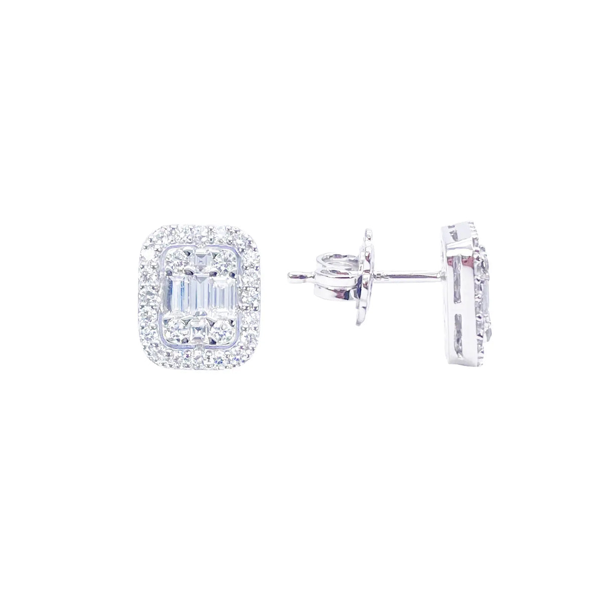 14ct White Gold Round & Baguette Rectangle Shaped Diamond Studs Earrings 0.80ct  Diamond earring