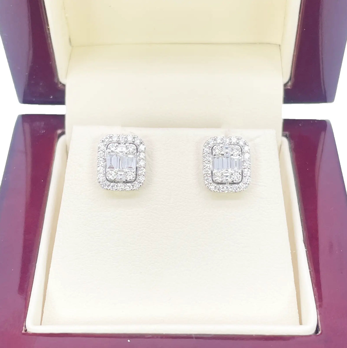 14ct White Gold Round & Baguette Rectangle Shaped Diamond Studs Earrings 0.80ct  Diamond earring
