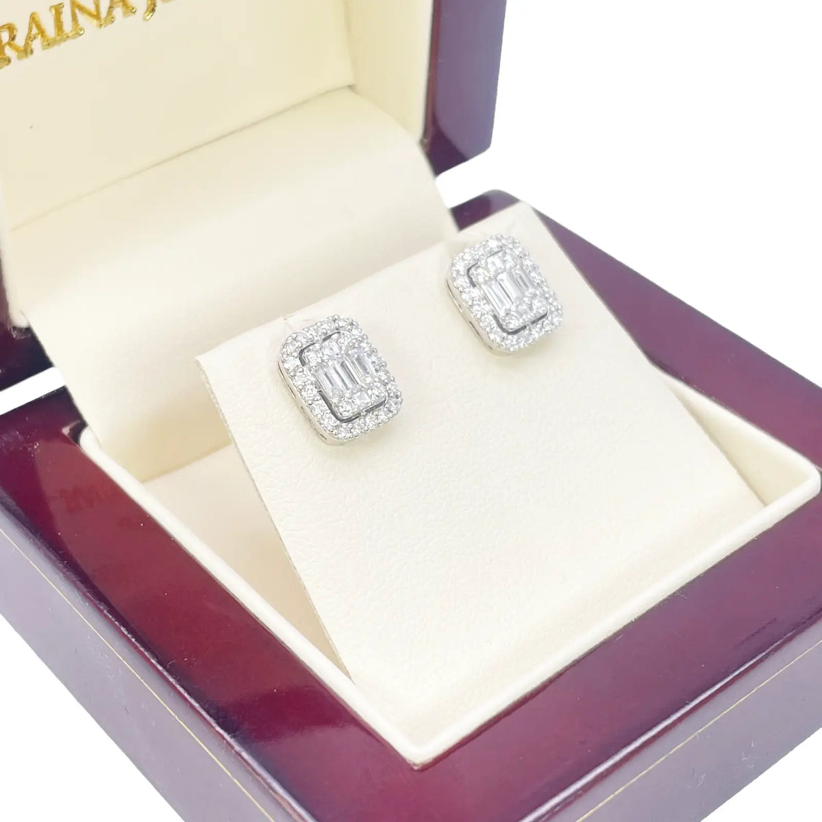 14ct White Gold Round & Baguette Rectangle Shaped Diamond Studs Earrings 0.80ct  Diamond earring