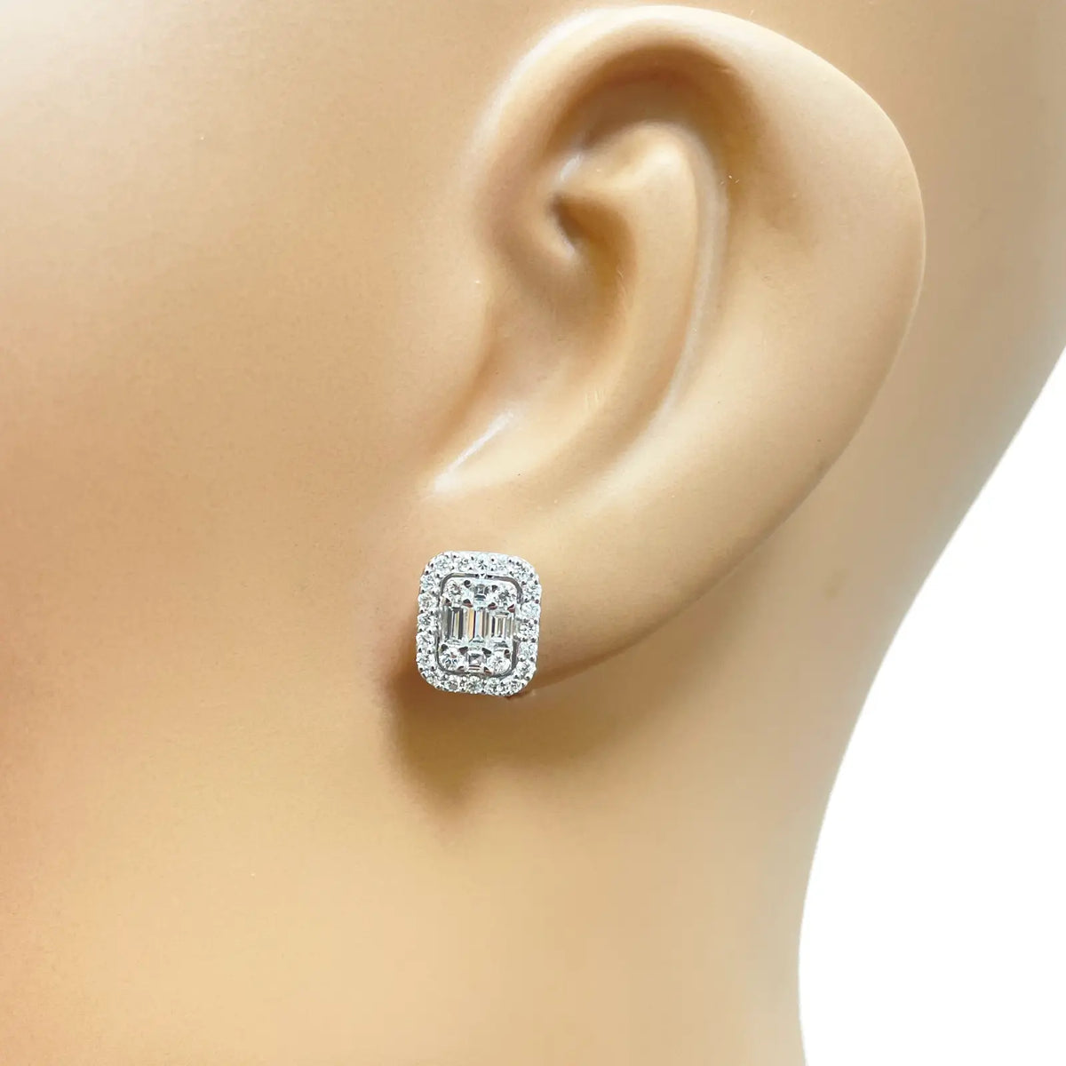 14ct White Gold Round & Baguette Rectangle Shaped Diamond Studs Earrings 0.80ct  Diamond earring
