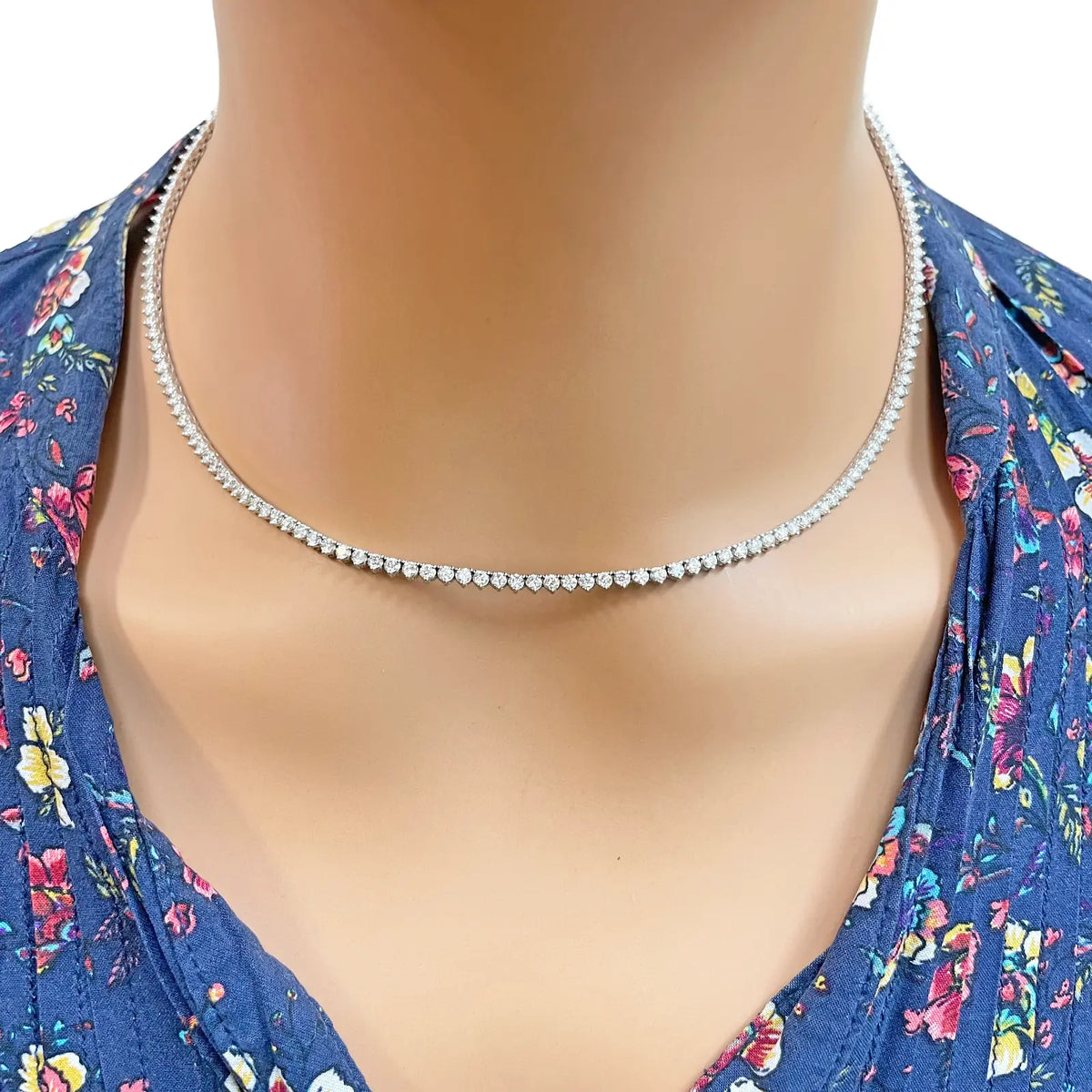 14ct White Gold Three Prong Natural  Diamond Tennis Necklace 5.96ct 17''inches 