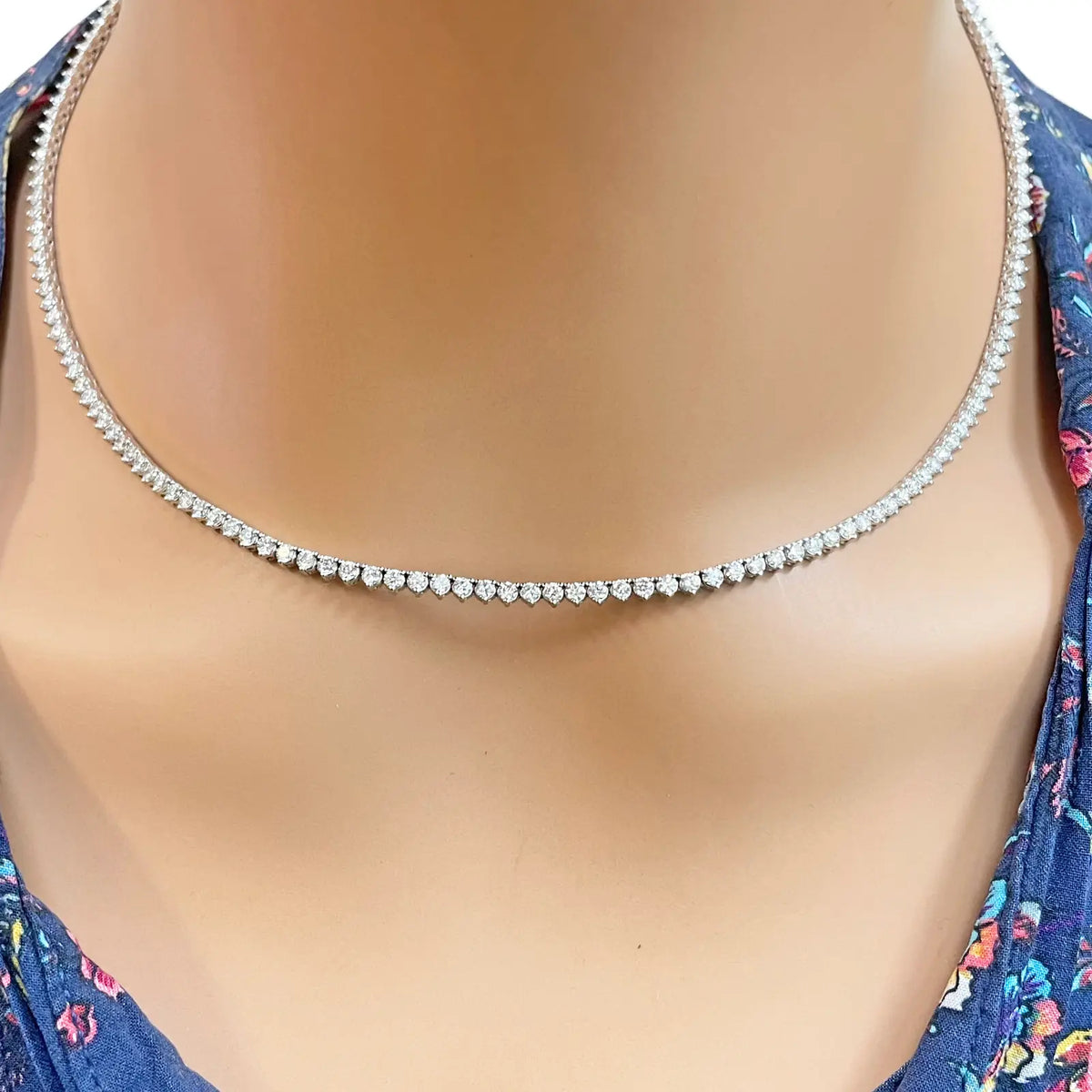 14ct White Gold Three Prong Natural  Diamond Tennis Necklace 5.96ct 17''inches 