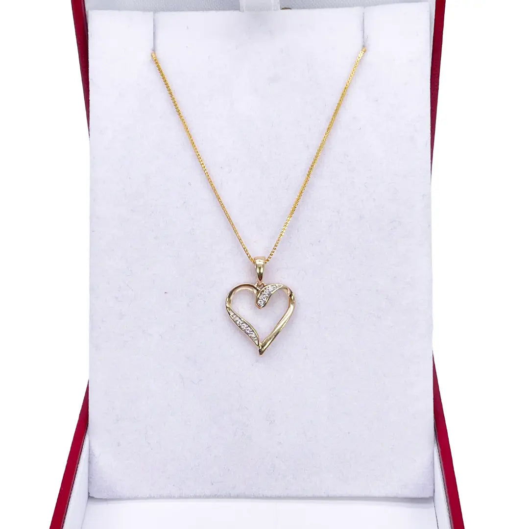 14ct Yellow Gold Diamond Open Heart Pendant 0.03ct & 16 inch Chain Necklace 