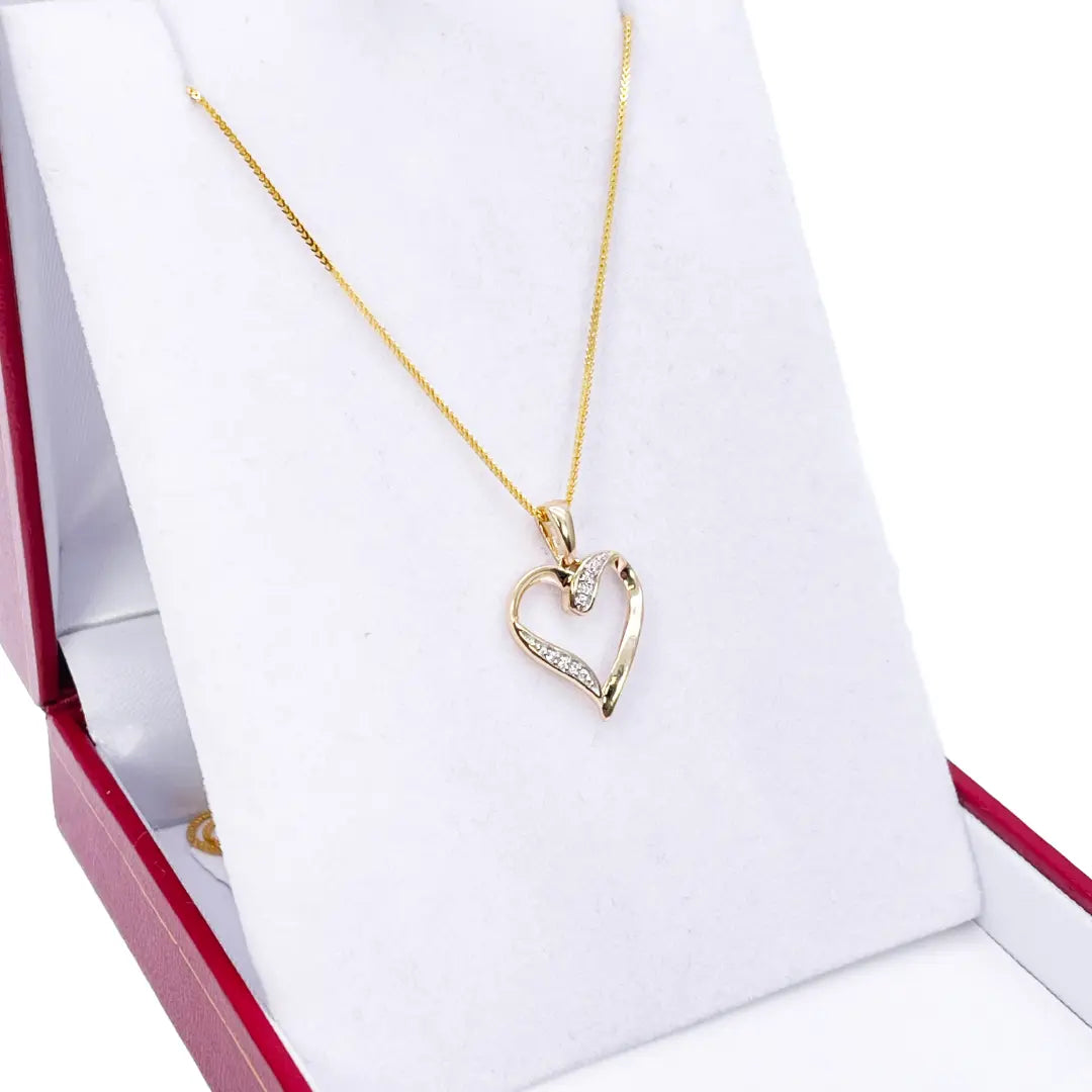14ct Yellow Gold Diamond Open Heart Pendant 0.03ct & 16 inch Chain Necklace 