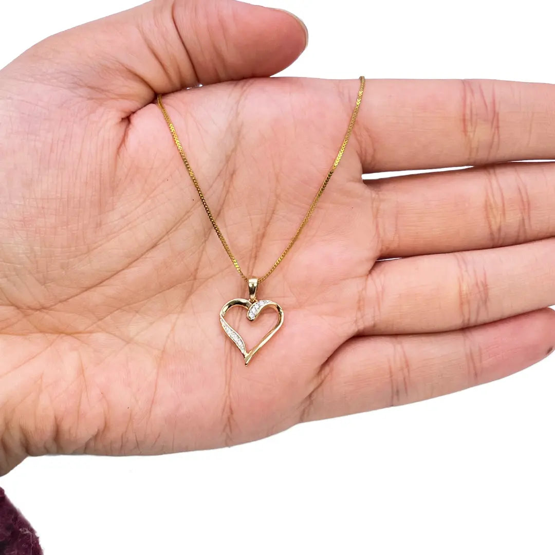 14ct Yellow Gold Diamond Open Heart Pendant 0.03ct & 16 inch Chain Necklace 