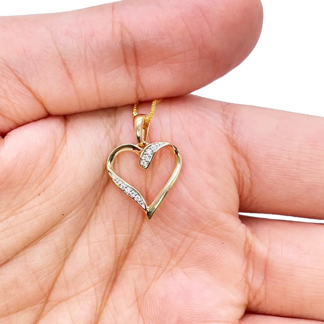 14ct Yellow Gold Diamond Open Heart Pendant 0.03ct & 16 inch Chain Necklace 
