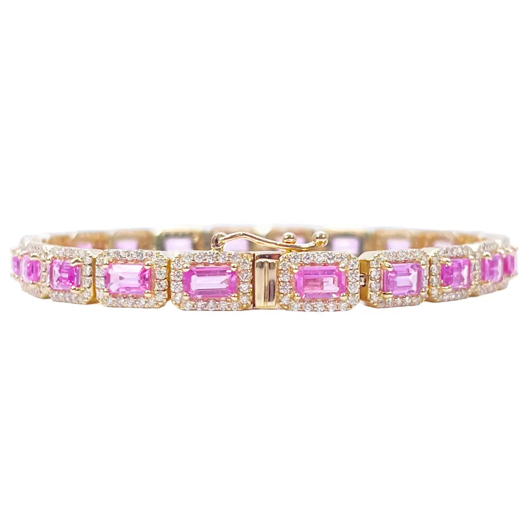 14ct Yellow Gold Diamond & Pink Sapphire Rectangular Halo Tennis Bracelet 9.10ct  Diamond Bracelets