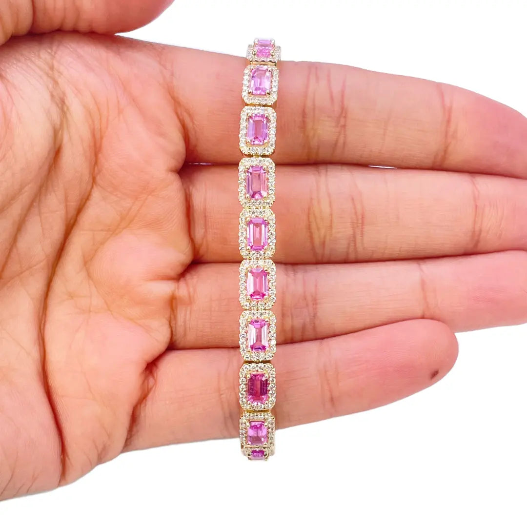14ct Yellow Gold Diamond & Pink Sapphire Rectangular Halo Tennis Bracelet 9.10ct  Diamond Bracelets