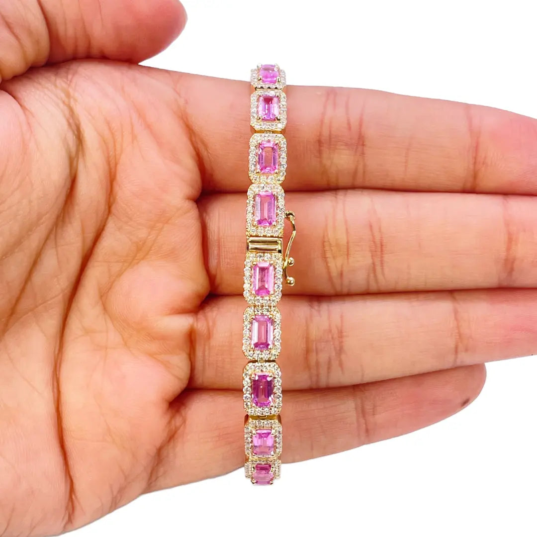 14ct Yellow Gold Diamond & Pink Sapphire Rectangular Halo Tennis Bracelet 9.10ct  Diamond Bracelets