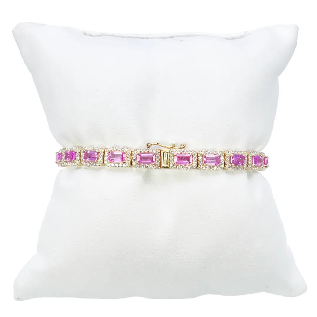 14ct Yellow Gold Diamond & Pink Sapphire Rectangular Halo Tennis Bracelet 9.10ct  Diamond Bracelets