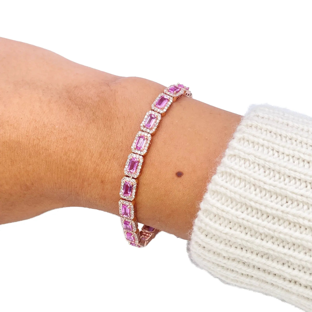 14ct Yellow Gold Diamond & Pink Sapphire Rectangular Halo Tennis Bracelet 9.10ct  Diamond Bracelets