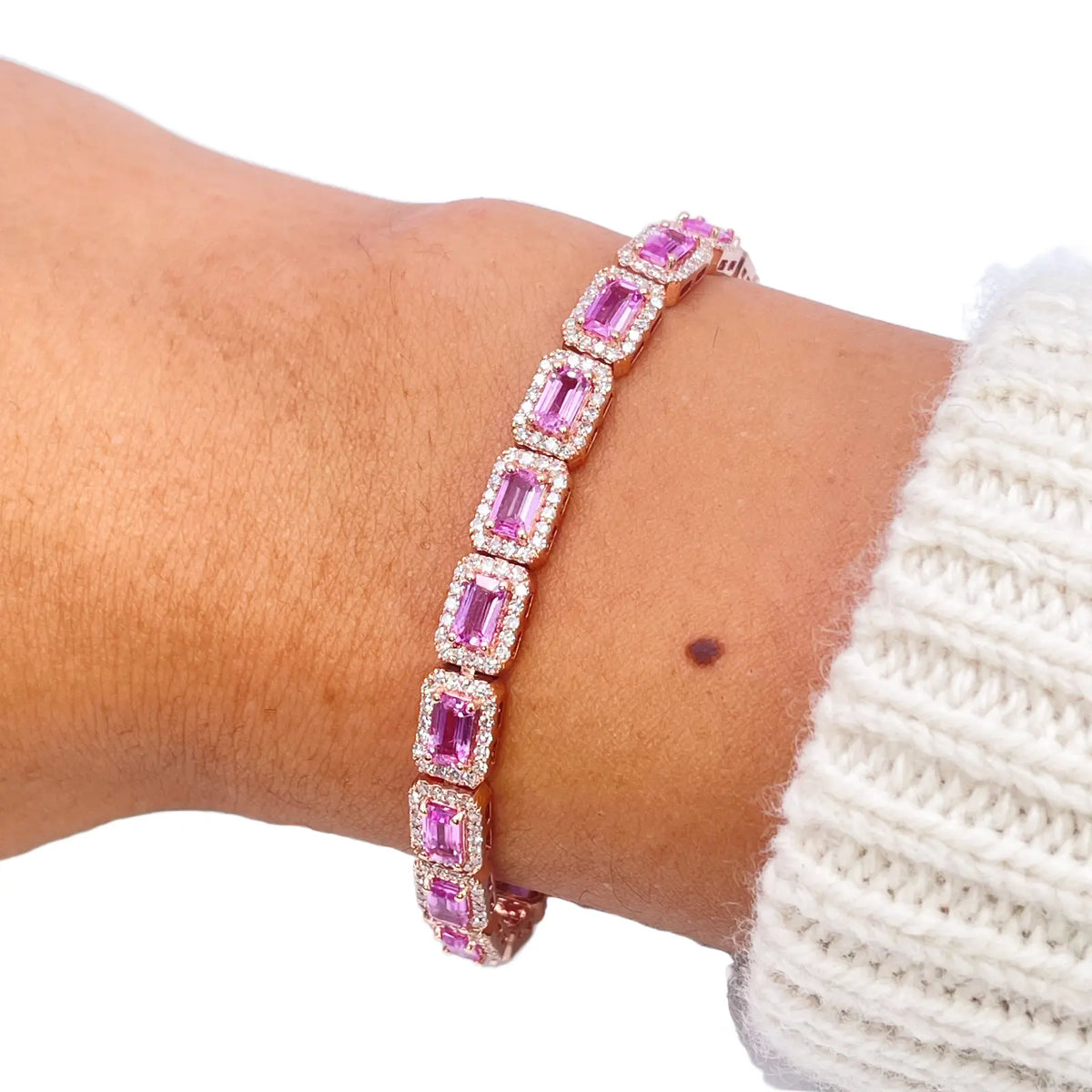 14ct Yellow Gold Diamond & Pink Sapphire Rectangular Halo Tennis Bracelet 9.10ct  Diamond Bracelets