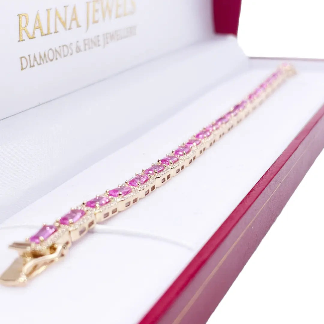 14ct Yellow Gold Diamond & Pink Sapphire Rectangular Halo Tennis Bracelet 9.10ct  Diamond Bracelets