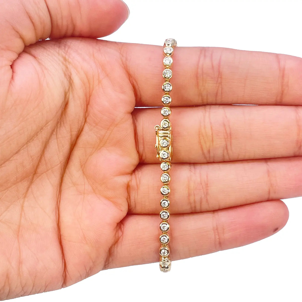 14ct Yellow Gold Natural Round Diamond Rubover Tennis Bracelet 1.30ct 7 Inch 