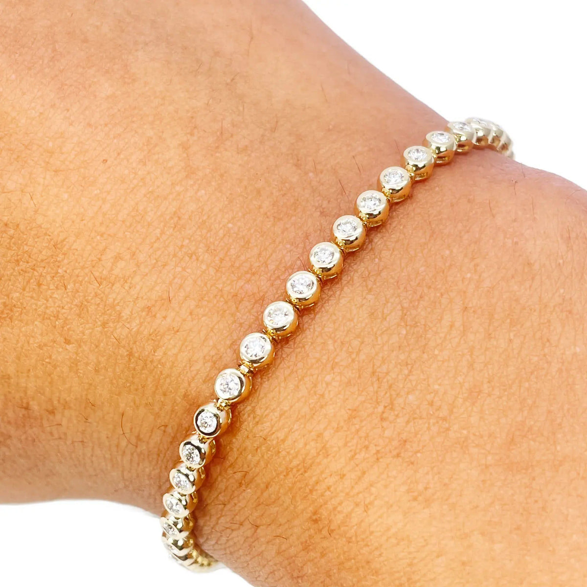 14ct Yellow Gold Natural Round Diamond Rubover Tennis Bracelet 1.30ct 7 Inch 