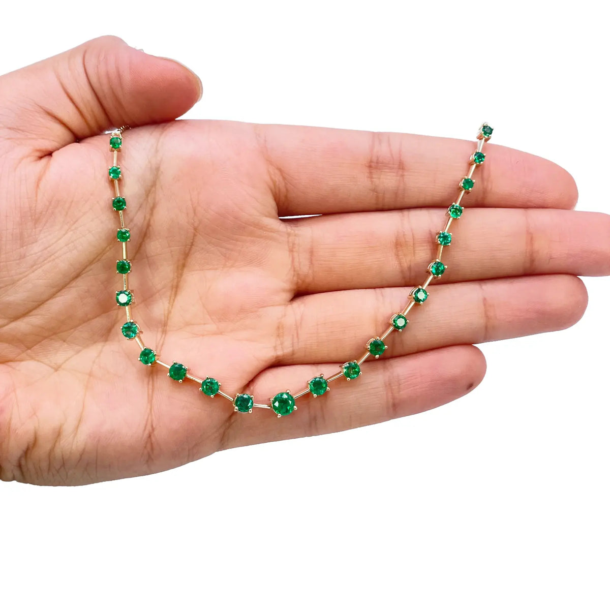 14ct Yellow Gold Natural Round Emerald 4-Claw Chain Necklace 17 inch 2.73ct 