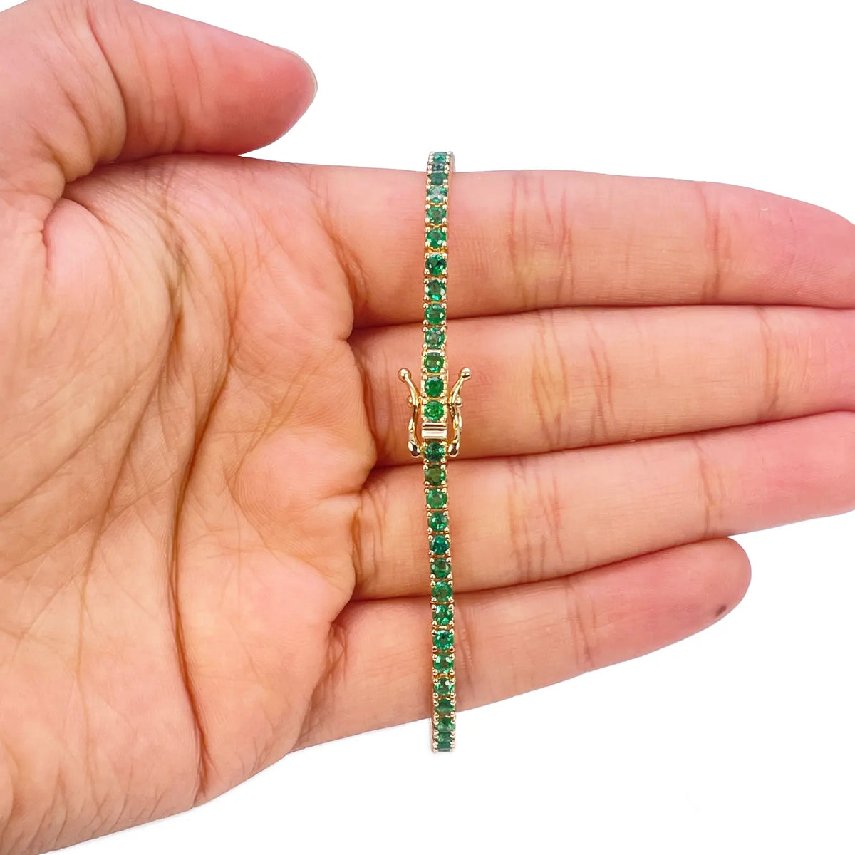 14ct Yellow Gold Natural Round Emerald Tennis Bracelet 3.20ct 7 Inches Length  Diamond Bracelets