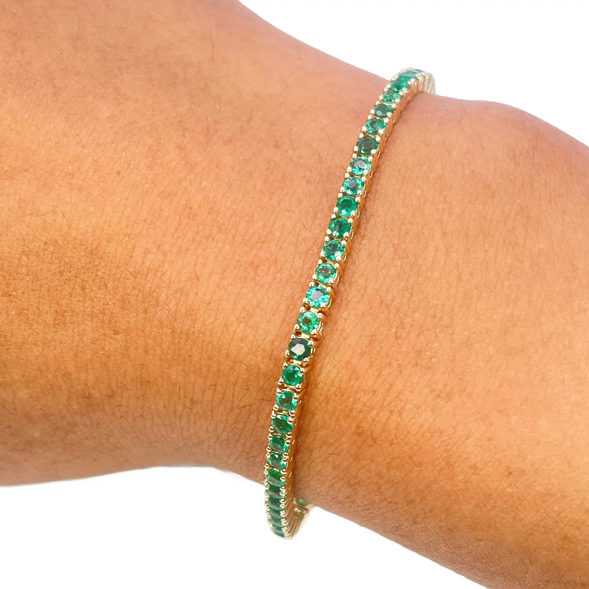 14ct Yellow Gold Natural Round Emerald Tennis Bracelet 3.20ct 7 Inches Length  Diamond Bracelets
